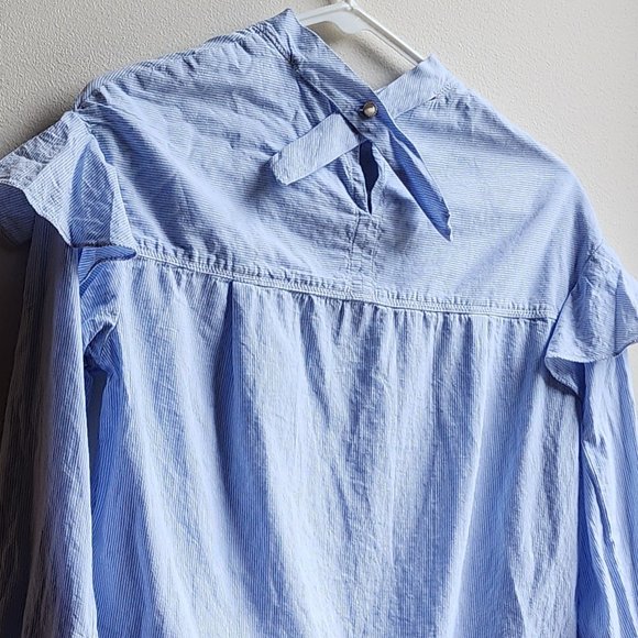 Blue Ruffled Micro-Striped Blouse Size Medium - Picture 12 of 16